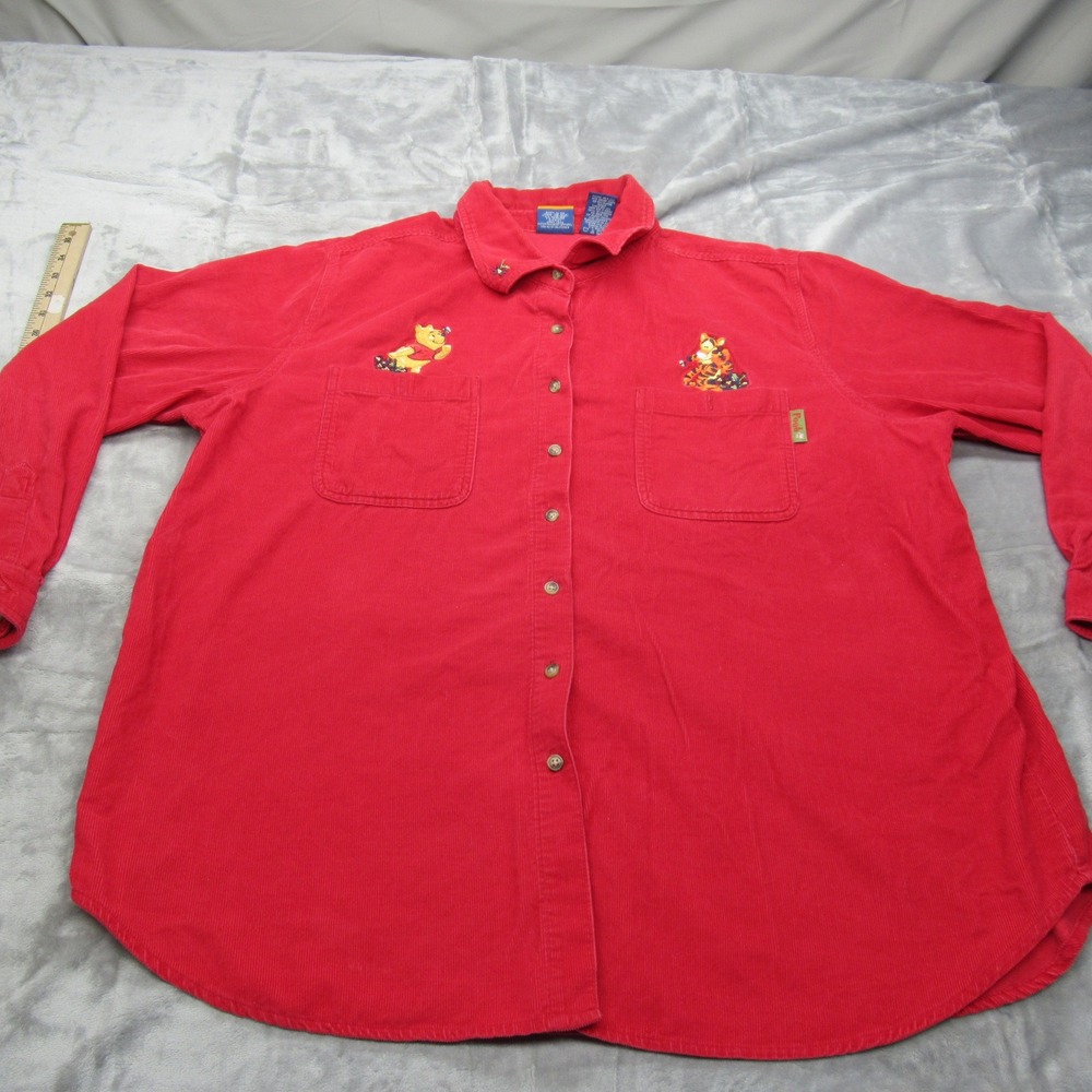 Pooh Woman Shirt‎ Womens 22W 24W Red Corduroy Long Sleeve Button Up Embroidered